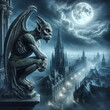 A mythical gargoyle image, depicting a fearsome and detailed gargoyle perched on top of a Gothic cathedral. The gargoyle is made of weathered stone