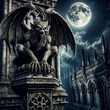 gargoyle perched atop an ancient, weathered stone tower under a full moon night. The gargoyle is detailed with intricate, Gothic-style