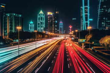 Wall Mural - Road in city with skyscrapers and car traffic light trails. Long exposure of evening rush hour with cars racing.