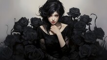 Sad Girl In All Black Surrounded By Black Roses