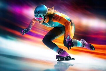 Professional short track skater wearing colorful outfit, arena skate.