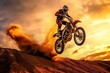 © bird_saranyoo - A off road moto cross type motor bike in mid air during a jump with a dirt trail.