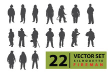 Vector Set Of Firefighter Silhouettes, People Holding Fire Extinguishers, Human Rescuers. Standing And Stylish Isolated With Background