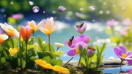 Wall Mural - spring vibrant nature with flowers and insect photo realistic wallpaper