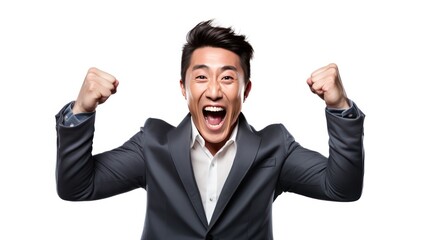 Wall Mural - An The expression on the face of an Asian man succeeds in his job, his hands raised in joy, on empty space on a white isolated transparent background.