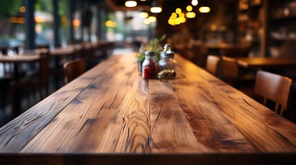 Poster - Generative AI : Empty wooden table space platform and blurred resturant or coffee shop background