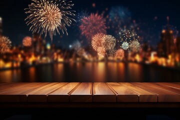Poster - Generative AI : Image of wooden table in front of blurred fireworks background