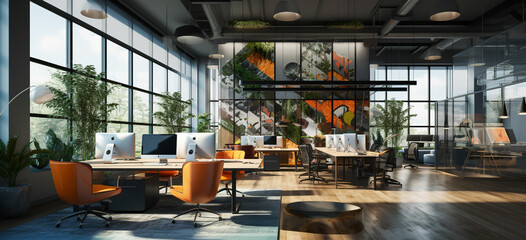 interior of modern office meeting room 3d rendering.there are wooden and glass walls, there is a lon