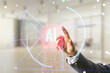 Double exposure of businessman hand working with creative artificial Intelligence abbreviation hologram on blurred office background. Future technology and AI concept