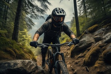 Canvas Print - A cyclist wearing a black face mask while exploring scenic mountain trails, Exhilarated, Forested trail. Generative AI.