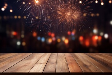 Poster - Generative AI : Image of wooden table in front of blurred fireworks background