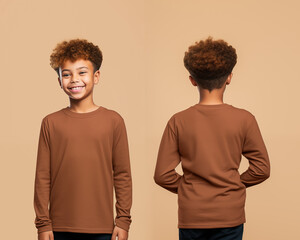 Front and back views of a little boy wearing a brown long-sleeve T-shirt