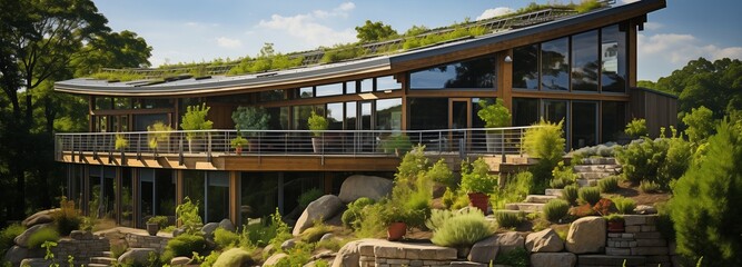 structures having an entirely vegetated green roof. large green, environmentally friendly sedum barn