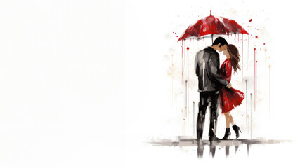 Wall Mural - Romantic couple standing in the rain with room for text created with Generative AI technology
