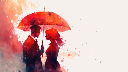 Wall Mural - Romantic couple standing in the rain with room for text created with Generative AI technology
