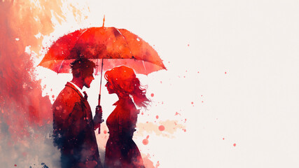 Canvas Print - Romantic couple standing in the rain with room for text created with Generative AI technology
