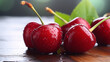 Cherries on wooden table with water drops macro background. Generative AI