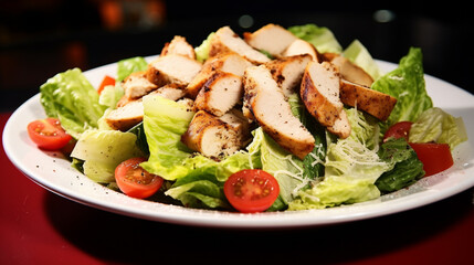 Wall Mural - Grilled chicken breast, fillet and fresh vegetable salad of lettuce, arugula, spinach. Generative AI