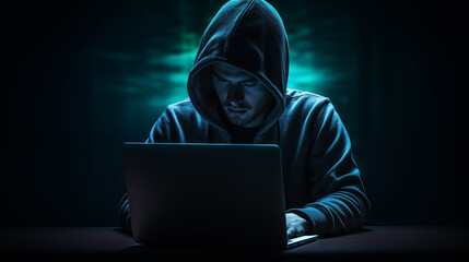 Hacker Hacking on Laptop Computer in Dimly Lit Room