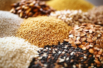 Wall Mural - Different types of legumes and cereals, top view. Organic grains. Close-up. Natural products without GMOs.