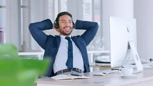 Successful Call Centre Agent Typing On Computer Technology To Finish Goal, Complete Sales Deal Or Achievement. Receptionist Or Customer Service Operator Feeling Relieved, Done With Hands Behind Head