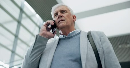 Canvas Print - Escalator, phone call and business man in conversation, networking and travel in low angle. Smartphone, serious ceo and senior professional in airport for communication, chat or speaking to contact