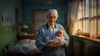 An obstetrician holds a baby in her arms. International Day of the Midwife. An elderly male obstetrician hugs a newborn baby on a black background. Generative AI