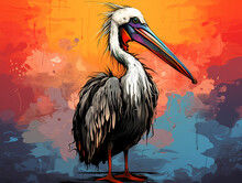 A Character Cartoon Of A Pelican On An Abstract Background With Thick Textures And Bold Colors