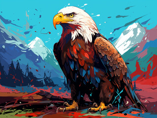 Canvas Print - A Character Cartoon of an Eagle on an Abstract Background with Thick Textures and Bold Colors