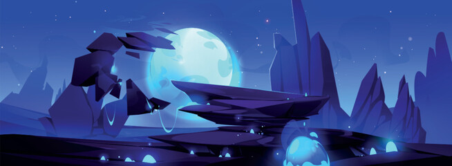 Wall Mural - fantasy alien planet landscape at night. vector cartoon illustration of rocky terrain with stones, l
