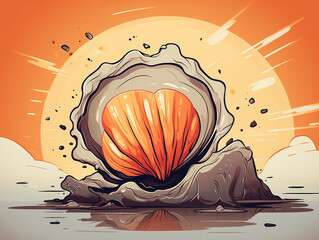 Sticker - A Character Cartoon of a Clam on an Abstract Background with Thick Textures and Bold Colors