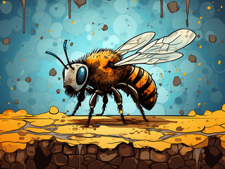 Wall Mural - A Character Cartoon of a Bee on an Abstract Background with Thick Textures and Bold Colors