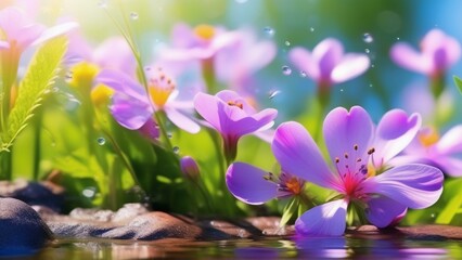 Wall Mural - spring vibrant nature with flowers and insect photo realistic wallpaper