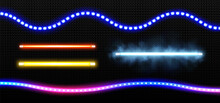 LED Lamps In Straight Tube And Waved Stripe With Bright Neon Colored Light With Beam And Smoke. Realistic Vector Illustration Set Of Luminous Fluorescent Electric Bulbs For Night Club Party Decoration