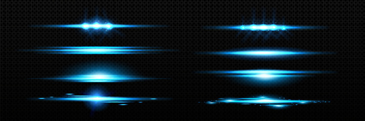 Wall Mural - horizontal blue light line with fade effect. realistic vector illustration set of glow flare burst w