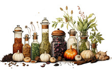 Spices And Herbs On Table. Food And Cuisine Ingredients Isolated On PNG Background. Generative Ai.