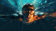 Handsome man swimming and wearing swimming goggles underwater with water splashing background, illustration painting style, summer vacation, scuba diving