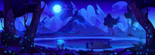 Night Landscape With Wooden Pier On Lake At Foot Of Mountain With Snow Covered Peaks Under Full Moon Light. Cartoon Vector Illustration Of Natural Dark Dusk Scenery With Bushes And Trees On Pond Shore