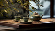 Still-life of japanese healthy green tea in a small cups and teapot