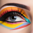 Close-up of a female eye with colorful artistic makeup.