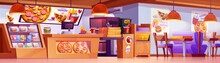 Pizza And Fast Food Restaurant Interior. Vector Cartoon Illustration Of Pizzeria With Tables And Chairs, Menu Board, Coffee Machine, Oven, Cash Register On Counter, Burgers On Shelf, Posters On Wall