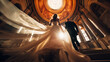Bride in flowing wedding dress in cathedral, Generative AI