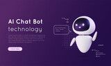 Fototapeta  - 3D artificial intelligence chat bot. Banner concept with neural network robot, AI servers technology. Online communication, support assistance, cartoon digital agent. Vector illustration.