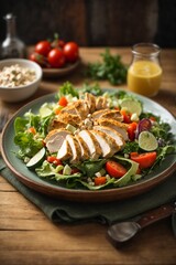 Wall Mural - Caesar salad with chicken fillet and fresh vegetables on wooden table