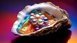 Concha nacarada con perlas multicolores en su interior, resaltadas contra un fondo vibrante y colorido