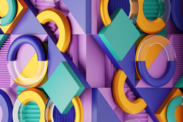 Sticker - Geometric composition with different shapes. Dynamic set of realistic tori, rings, tubes. Modern background for product design show in multicolored color. 3d render illustration.