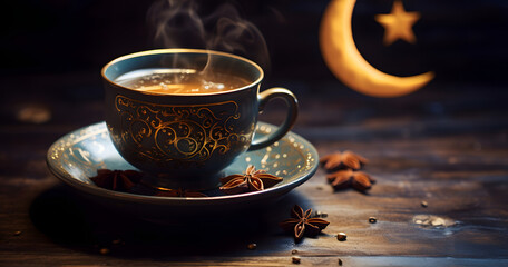 Cup of arabic coffee with crescent moon, ramadan concept