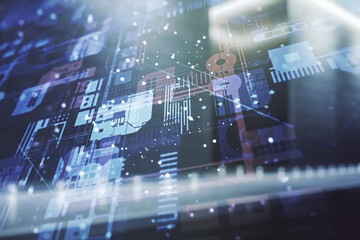 Wall Mural - multi exposure of abstract graphic coding sketch on blurry contemporary office building background, 