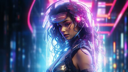 Wall Mural - Futuristic cyberpunk woman with neon technology background AI generated image