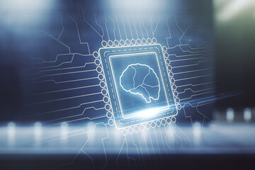 Wall Mural - Virtual creative artificial Intelligence hologram with human brain sketch on blurry contemporary office building background. Double exposure